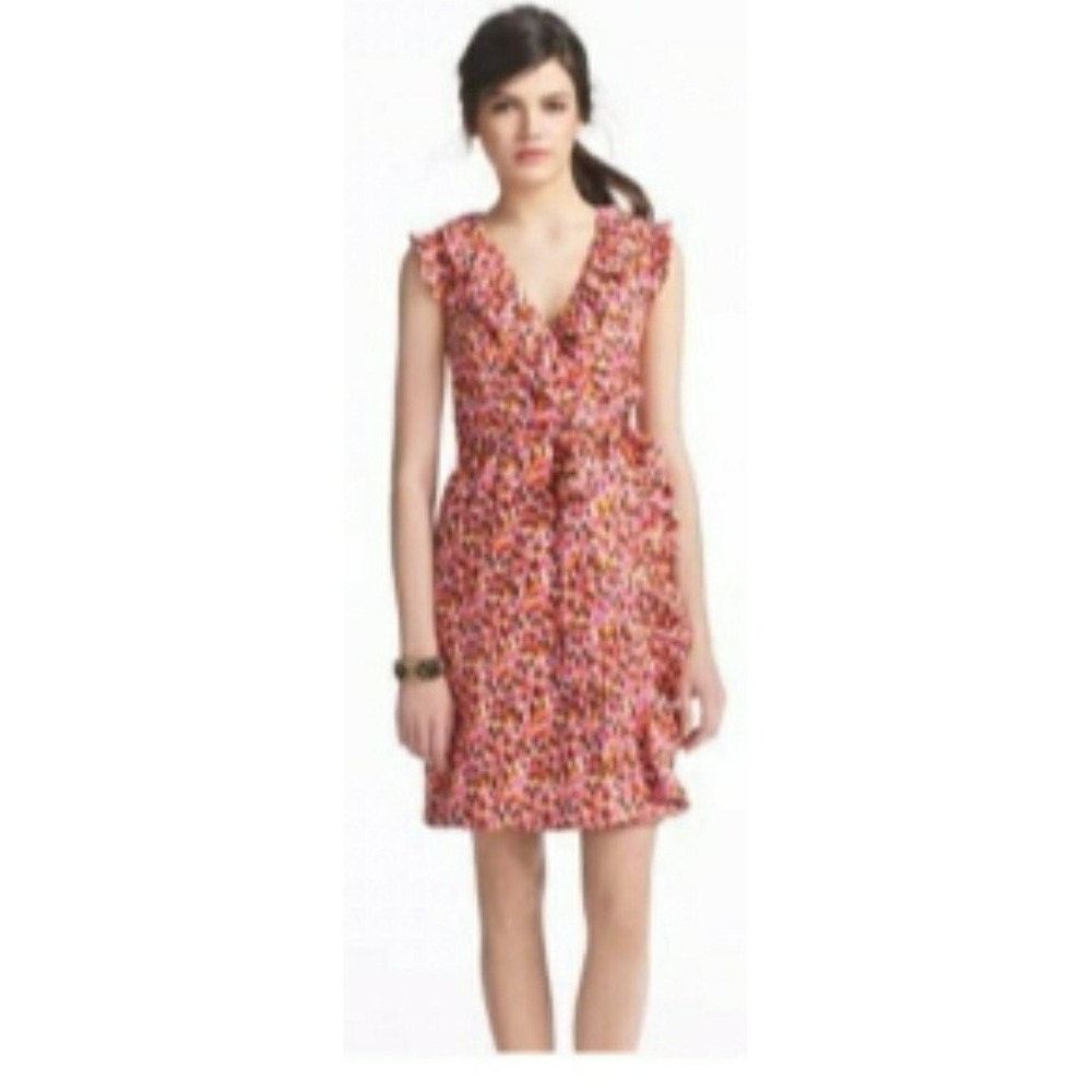 $398 Kate Spade 6 Pink Purple Orange Brown Ruffle Silk Audrey Geo Wrap Dress